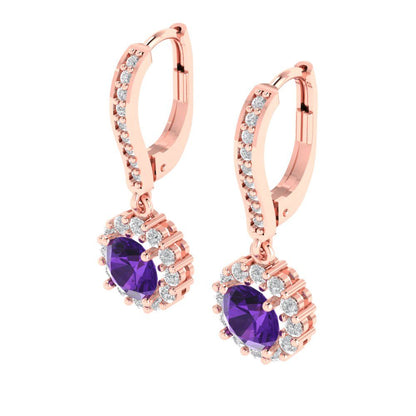 2.235 ctw Amethyst Drop Dangle Earrings | 6mm Round Cut White Gold Lever Back | February Birthstone