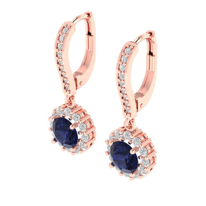 2.235 ctw Blue Sapphire Drop Dangle Earrings | 6mm Round Cut White Gold Lever Back | September Birthstone