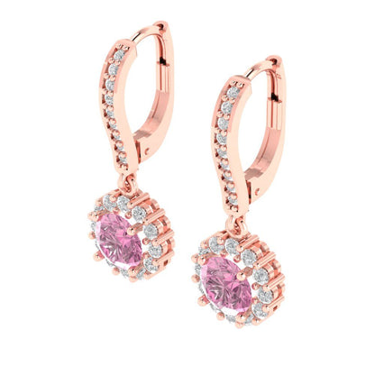 2.235 ctw Pink Zirconia Drop Dangle Earrings | 6mm Round Cut White Gold Lever Back | April Birthstone