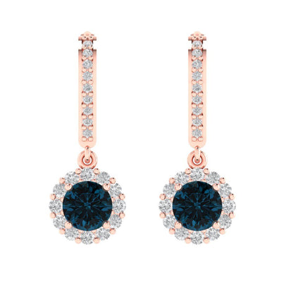 2.235 ctw London Blue Topaz Drop Dangle Earrings | 6mm Round Cut White Gold Lever Back | December Birthstone