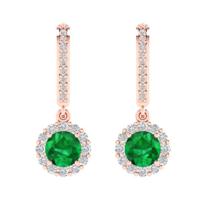 2.235 ctw Emerald Drop Dangle Earrings | 6mm Round Cut White Gold Lever Back | May Birthstone