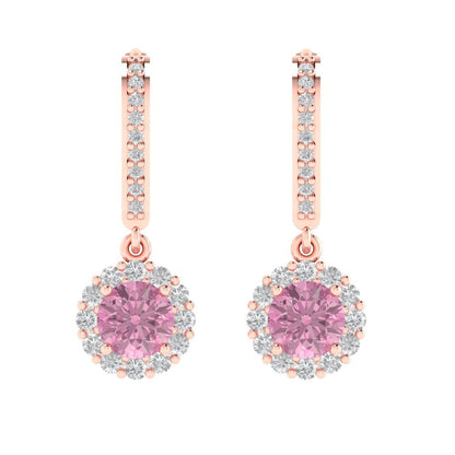 2.235 ctw Pink Zirconia Drop Dangle Earrings | 6mm Round Cut White Gold Lever Back | April Birthstone