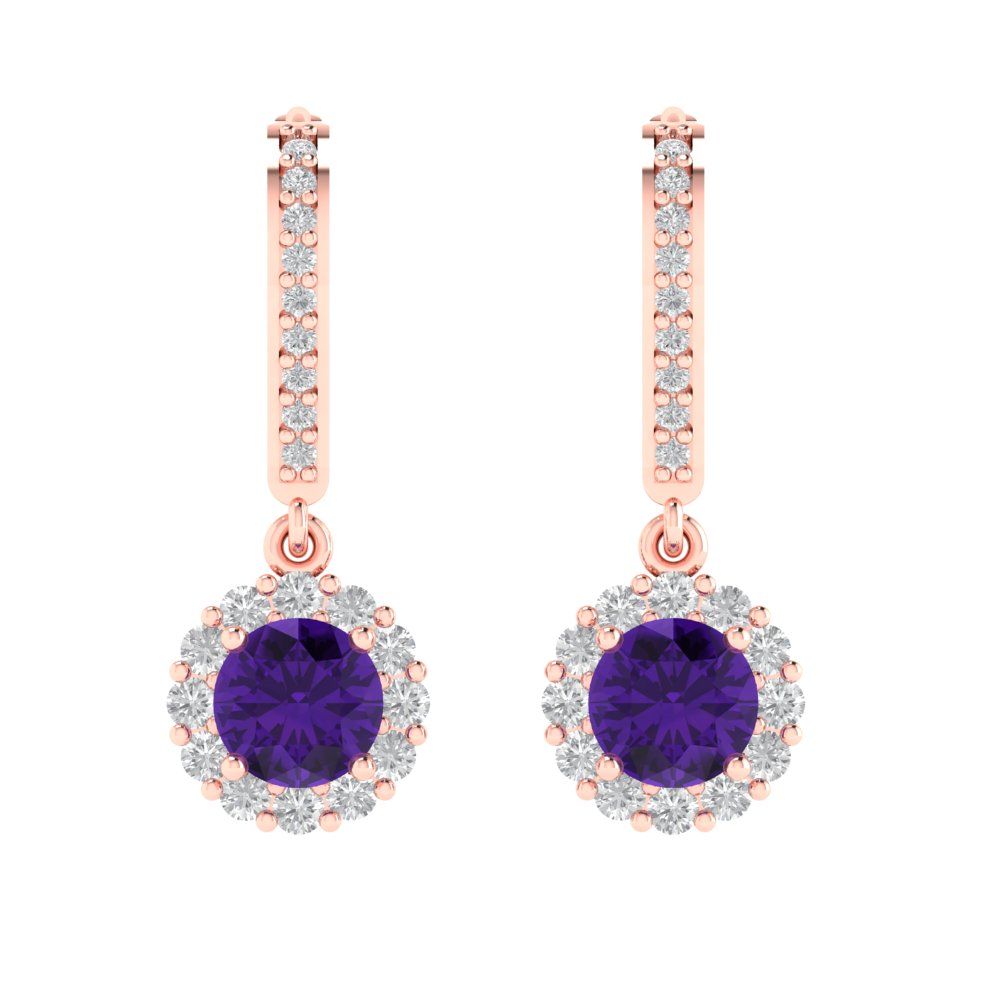 2.235 ctw Amethyst Drop Dangle Earrings | 6mm Round Cut White Gold Lever Back | February Birthstone