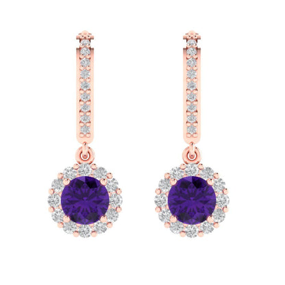 2.235 ctw Amethyst Drop Dangle Earrings | 6mm Round Cut White Gold Lever Back | February Birthstone