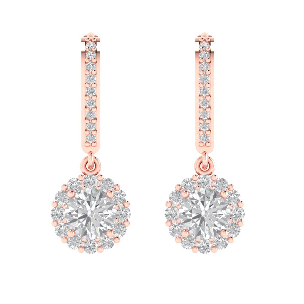 2.235 ctw Zirconia Diamond Drop Dangle Earrings | 6mm Round Cut White Gold Lever Back | April Birthstone