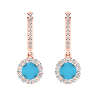 2.235 ctw Turquoise Drop Dangle Earrings | 6mm Round Cut White Gold Lever Back | December Birthstone