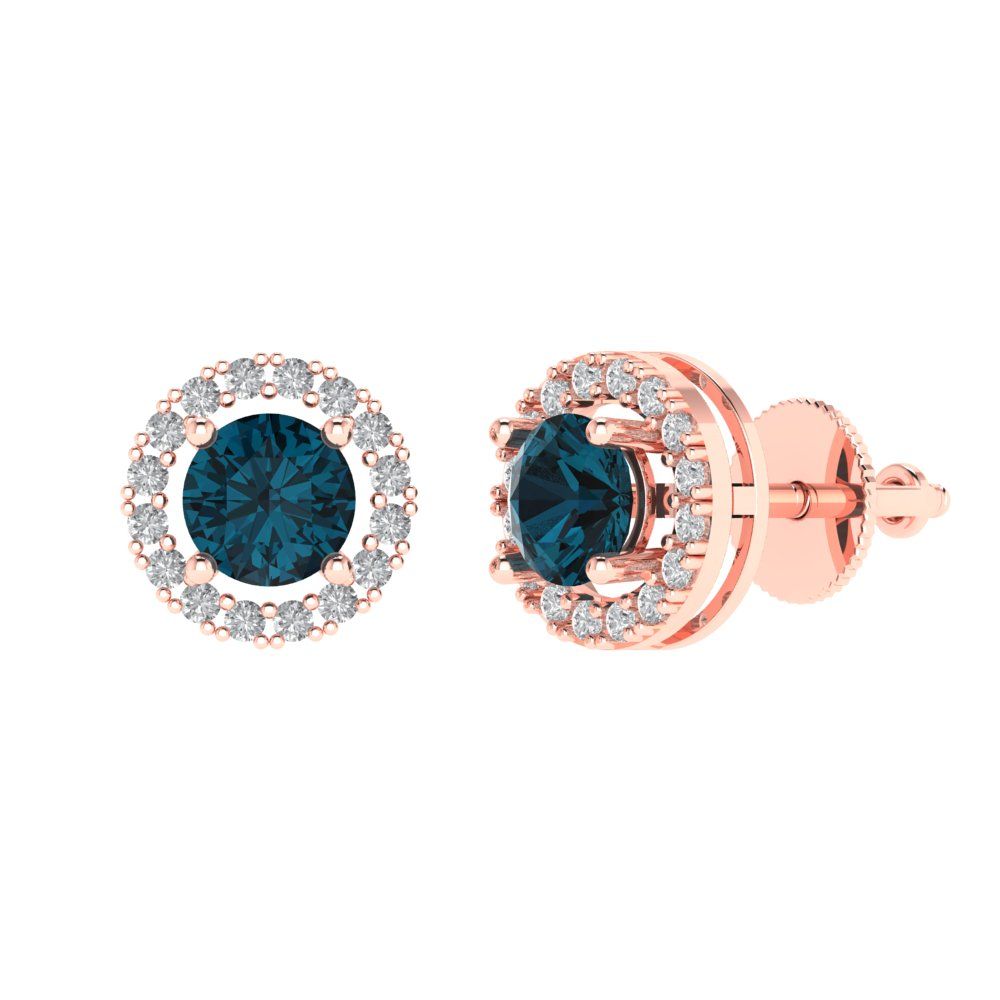1.24 ctw London Blue Topaz Studs Earrings | 5.0mm Round Cut White Gold Screw back | December Birthstone