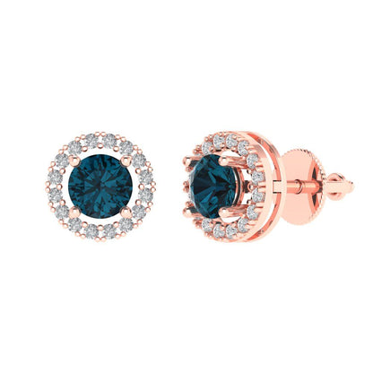 1.24 ctw London Blue Topaz Studs Earrings | 5.0mm Round Cut White Gold Screw back | December Birthstone