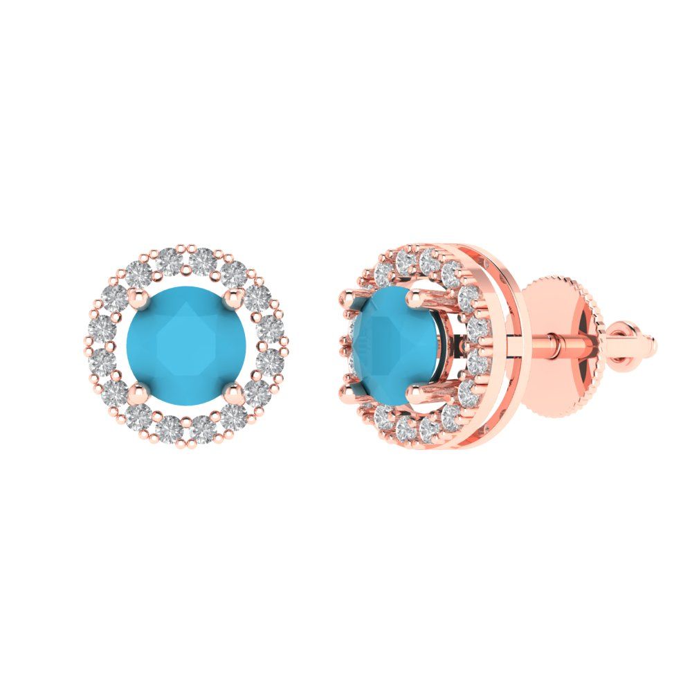 1.24 ctw Turquoise Studs Earrings | 5.0mm Round Cut White Gold Screw back | December Birthstone