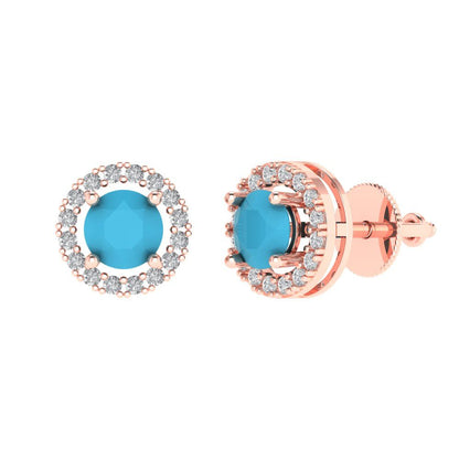 1.24 ctw Turquoise Studs Earrings | 5.0mm Round Cut White Gold Screw back | December Birthstone