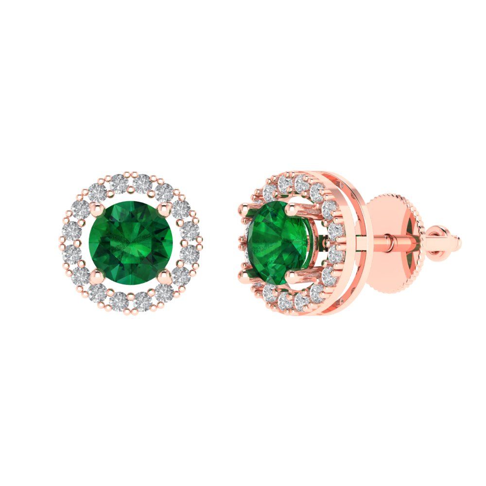 1.24 ctw Emerald Studs Earrings | 5.0mm Round Cut White Gold Screw back | May Birthstone