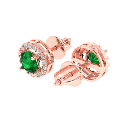 1.24 ctw Emerald Studs Earrings | 5.0mm Round Cut White Gold Screw back | May Birthstone