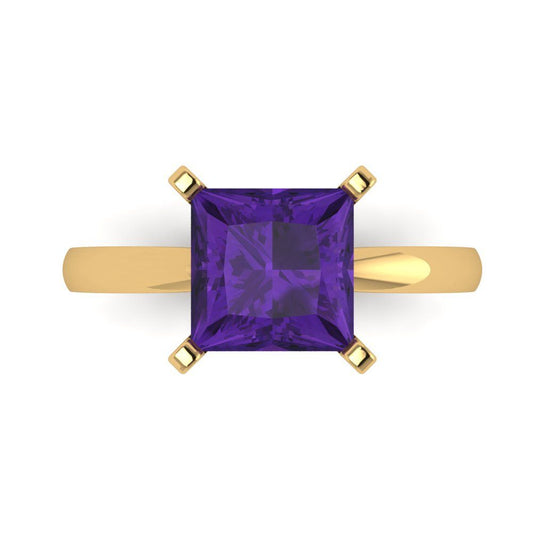 3 cttw Natural Amethyst Solitaire  Engagement Ring - Solid Yellow Gold (VVS1, Princess Cut,8.0mm)