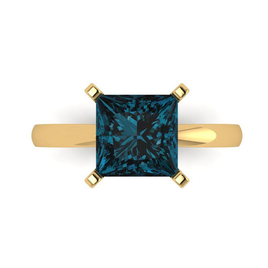 3 cttw Natural London Blue Topaz Solitaire  Engagement Ring - Solid Yellow Gold (VVS1, Princess Cut,8.0mm)
