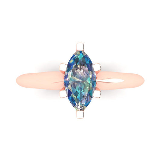 1 cttw Blue Moissanite Solitaire  Engagement Ring - Solid Rose Gold (VVS1, Marquise Cut,10x5mm)
