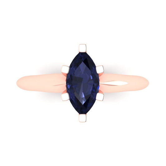1 cttw Simulated Blue Sapphire Solitaire  Engagement Ring - Solid Rose Gold (VVS1, Marquise Cut,10x5mm)