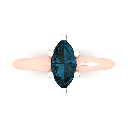 1 cttw Natural London Blue Topaz Solitaire  Engagement Ring - Solid Rose Gold (VVS1, Marquise Cut,10x5mm)