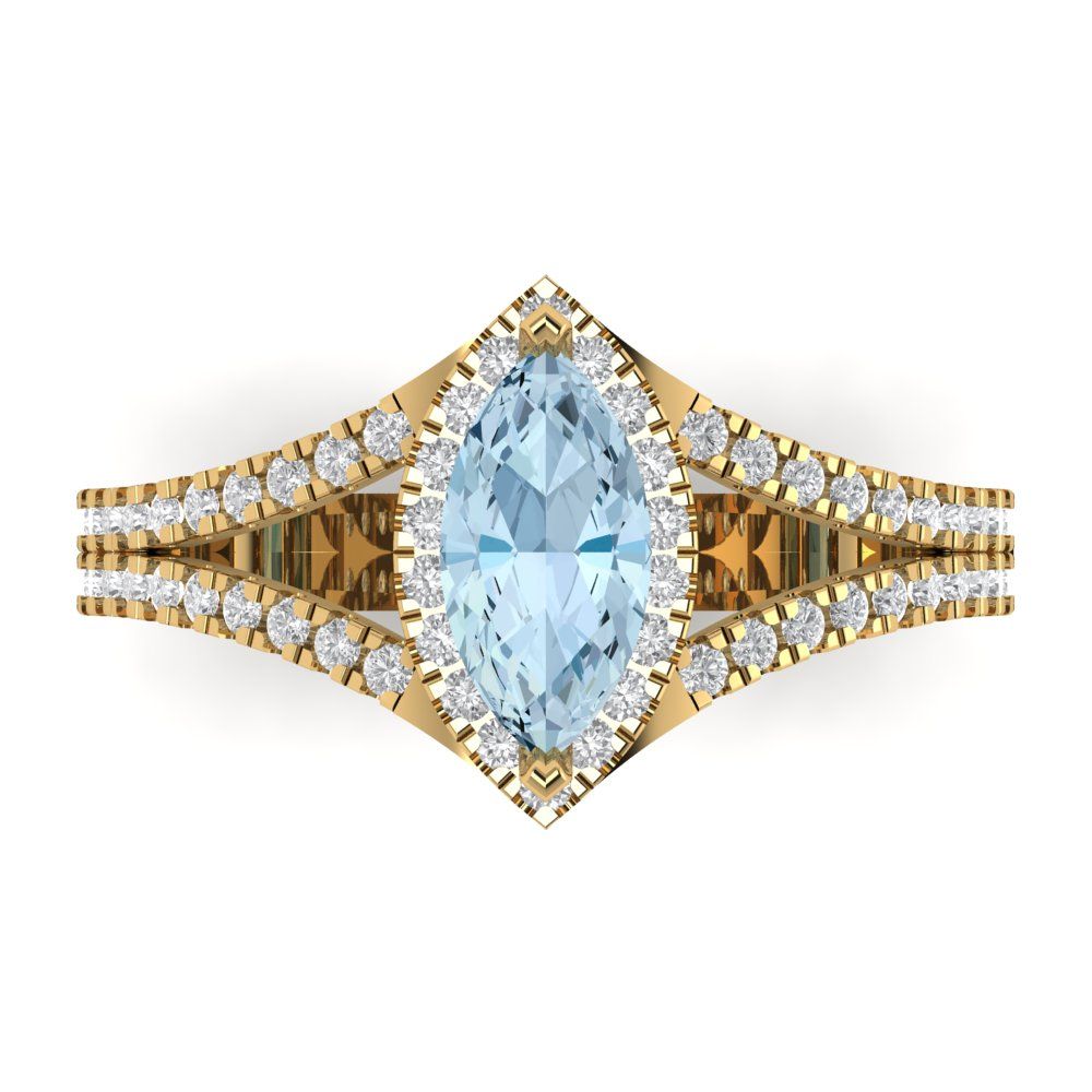 1.2 cttw Natural Aquamarine Hidden Halo Engagement Ring - Solid Gold (Marquise Cut,9x4.5mm)