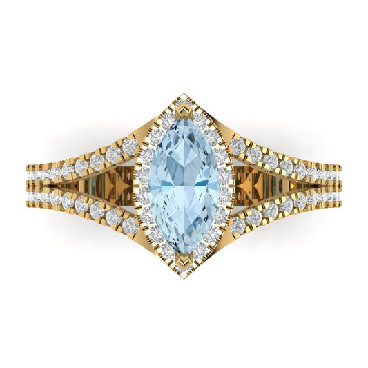 1.2 cttw Natural Aquamarine Hidden Halo Engagement Ring - Solid Yellow Gold (VVS1, Marquise Cut,9x4.5mm)