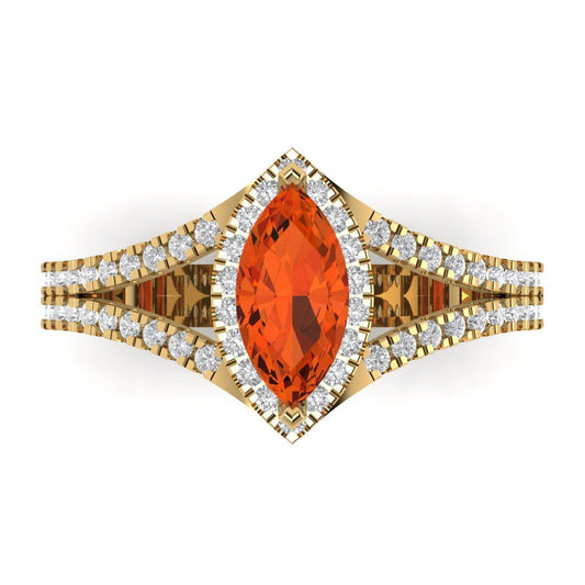 1.2 cttw Zirconia Simulated Red Diamond Hidden Halo Engagement Ring - Solid Yellow Gold (VVS1, Marquise Cut,9x4.5mm)