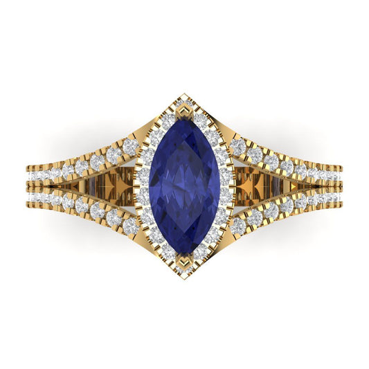 1.2 cttw Simulated Tanzanite Hidden Halo Engagement Ring - Solid Yellow Gold (VVS1, Marquise Cut,9x4.5mm)