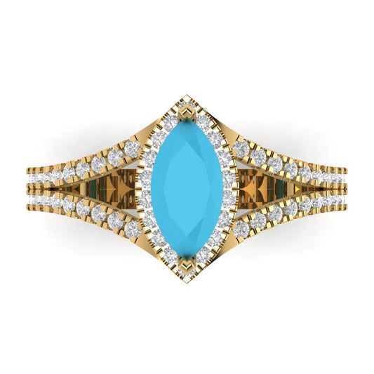 1.2 cttw Simulated Turquoise Hidden Halo Engagement Ring - Solid Yellow Gold (VVS1, Marquise Cut,9x4.5mm)
