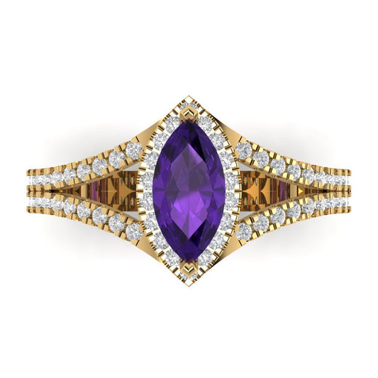 1.2 cttw Natural Amethyst Hidden Halo Engagement Ring - Solid Yellow Gold (VVS1, Marquise Cut,9x4.5mm)