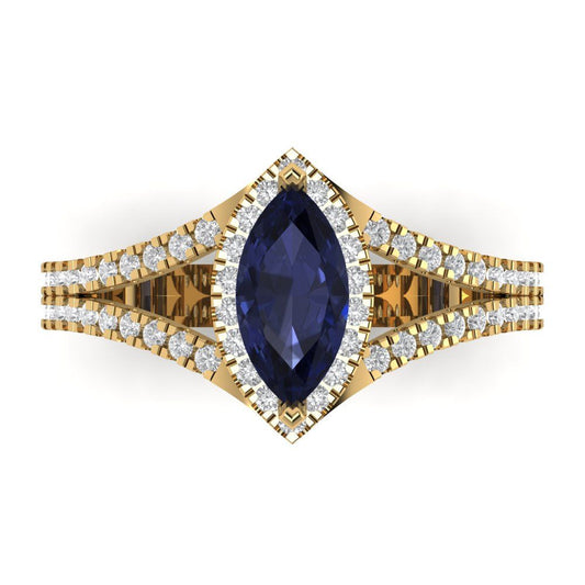 1.2 cttw Simulated Blue Sapphire Hidden Halo Engagement Ring - Solid Yellow Gold (VVS1, Marquise Cut,9x4.5mm)