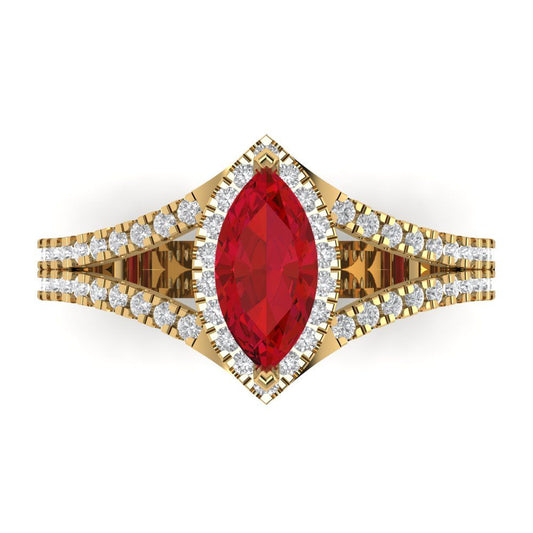 1.2 cttw Simulated Ruby Hidden Halo Engagement Ring - Solid Yellow Gold (VVS1, Marquise Cut,9x4.5mm)