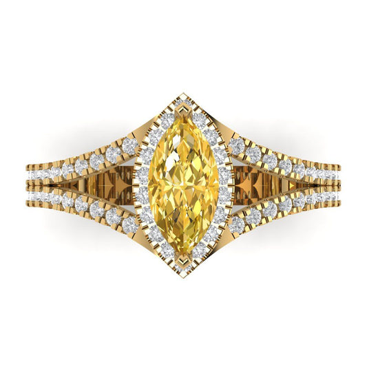 1.2 cttw Zirconia Simulated Yellow Diamond Hidden Halo Engagement Ring - Solid Yellow Gold (VVS1, Marquise Cut,9x4.5mm)