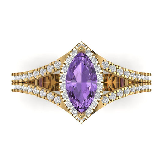 1.2 cttw Simulated Alexandrite Hidden Halo Engagement Ring - Solid Yellow Gold (VVS1, Marquise Cut,9x4.5mm)