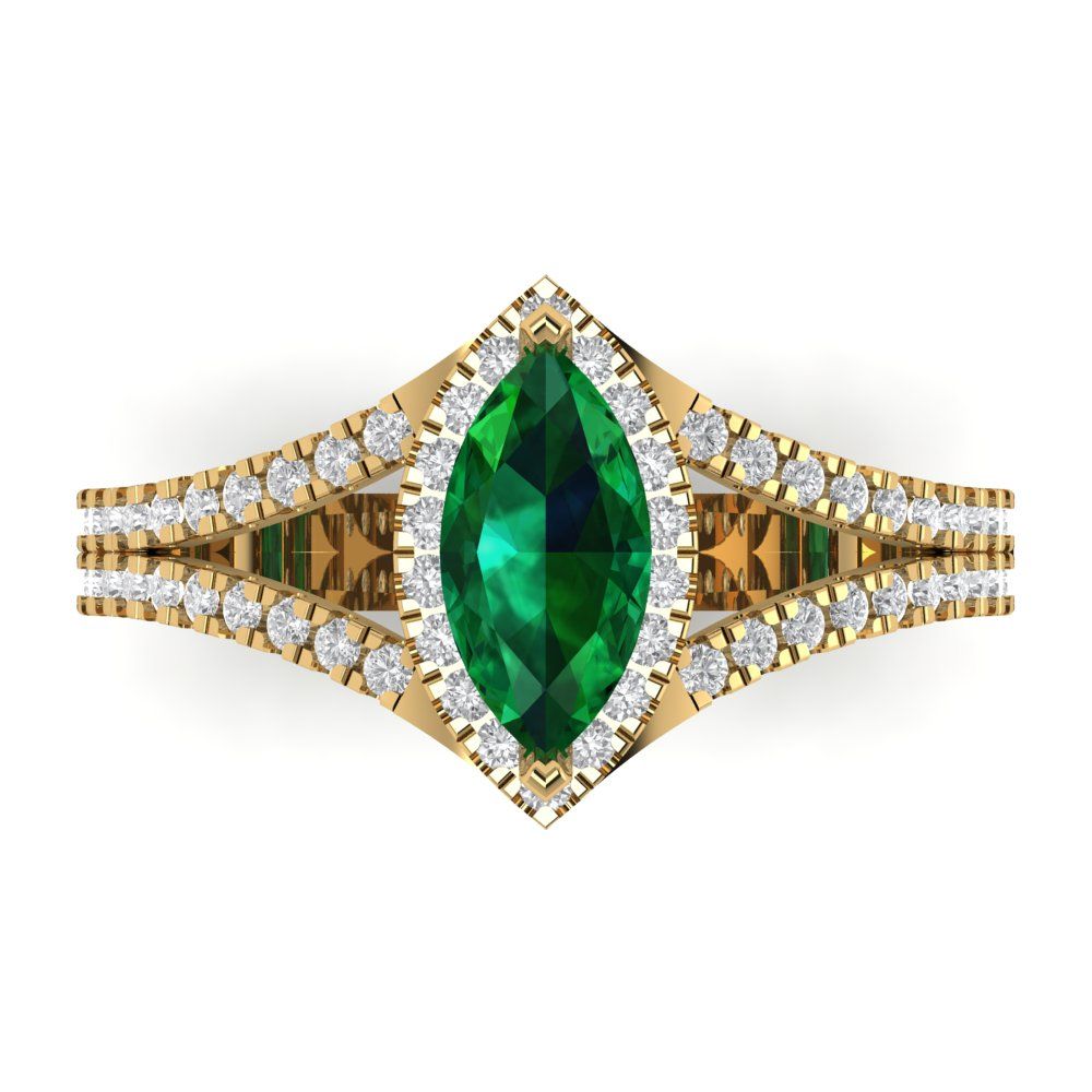 1.2 cttw Simulated Emerald Hidden Halo Engagement Ring - Solid Gold (Marquise Cut,9x4.5mm)