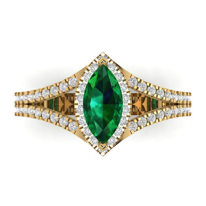 1.2 cttw Simulated Emerald Hidden Halo Engagement Ring - Solid Gold (Marquise Cut,9x4.5mm)