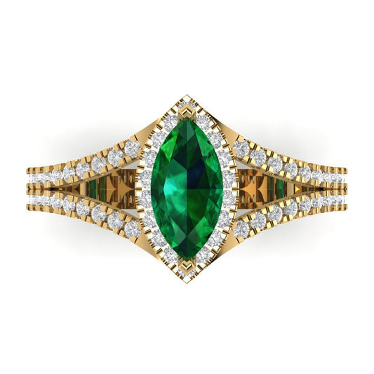 1.2 cttw Simulated Emerald Hidden Halo Engagement Ring - Solid Yellow Gold (VVS1, Marquise Cut,9x4.5mm)