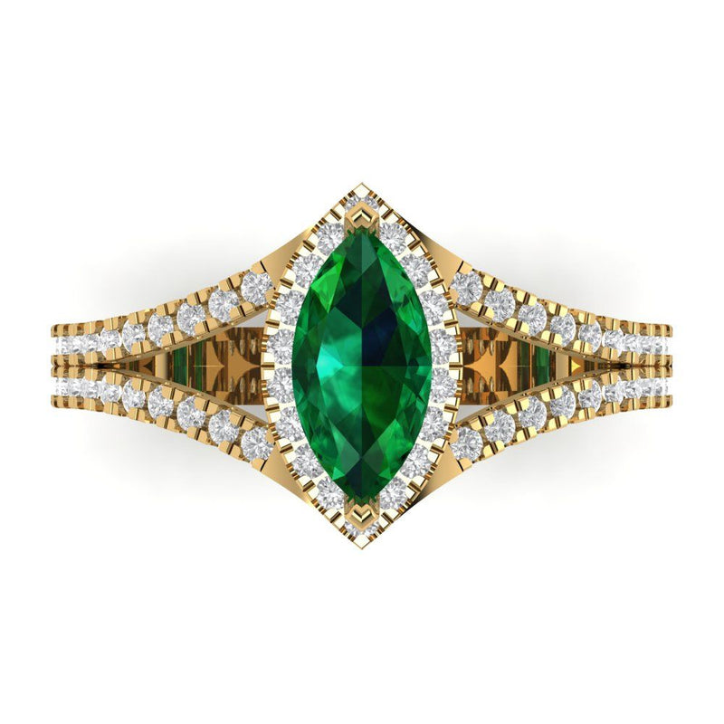 1.2 ct Brilliant Marquise Cut Simulated Emerald Stone Yellow Gold Halo Solitaire with Accents Ring