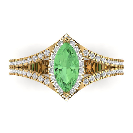 1.2 cttw Zirconia Simulated Green Diamond Hidden Halo Engagement Ring - Solid Yellow Gold (VVS1, Marquise Cut,9x4.5mm)