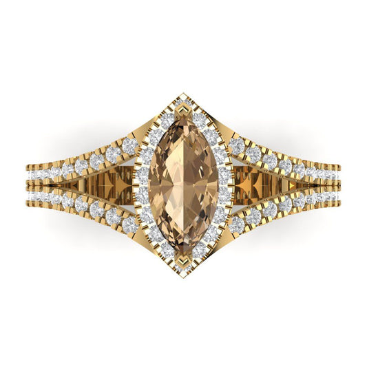 1.2 cttw Zirconia Simulated Champagne Diamond Hidden Halo Engagement Ring - Solid Yellow Gold (VVS1, Marquise Cut,9x4.5mm)