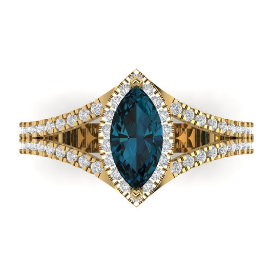 1.2 cttw Natural London Blue Topaz Hidden Halo Engagement Ring - Solid Yellow Gold (VVS1, Marquise Cut,9x4.5mm)