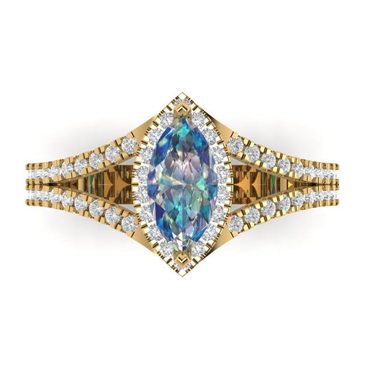 1.2 cttw Blue Moissanite Hidden Halo Engagement Ring - Solid Yellow Gold (VVS1, Marquise Cut,9x4.5mm)