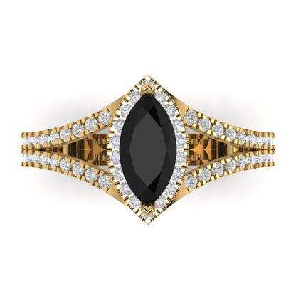 1.2 cttw Natural Onyx Hidden Halo Engagement Ring - Solid Gold (Marquise Cut,9x4.5mm)