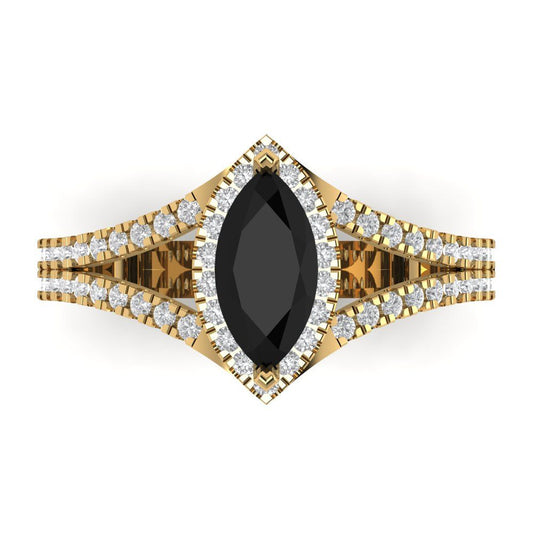 1.2 cttw Natural Onyx Hidden Halo Engagement Ring - Solid Yellow Gold (VVS1, Marquise Cut,9x4.5mm)
