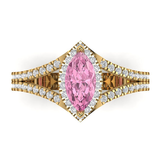 1.2 cttw Zirconia Simulated Pink Diamond Hidden Halo Engagement Ring - Solid Yellow Gold (VVS1, Marquise Cut,9x4.5mm)