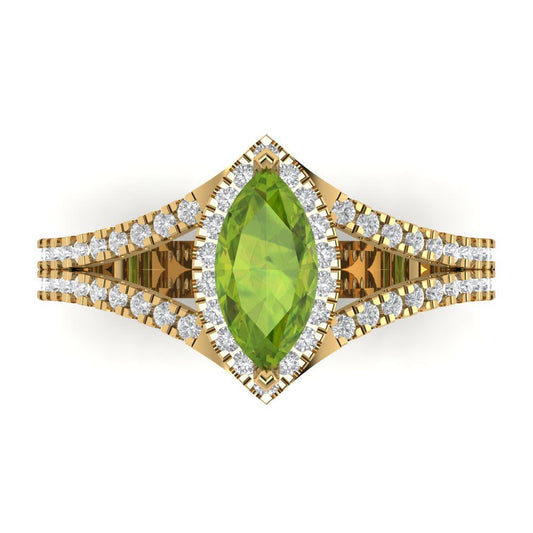 1.2 cttw Natural Peridot Hidden Halo Engagement Ring - Solid Yellow Gold (VVS1, Marquise Cut,9x4.5mm)
