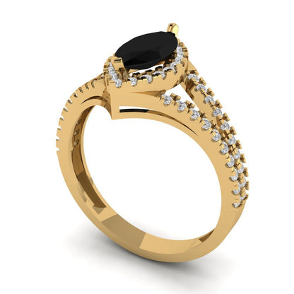 1.2 cttw Natural Onyx Hidden Halo Engagement Ring - Solid Gold (Marquise Cut,9x4.5mm)