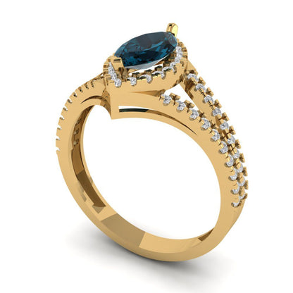 1.2 cttw Natural London Blue Topaz Hidden Halo Engagement Ring - Solid Gold (Marquise Cut,9x4.5mm)