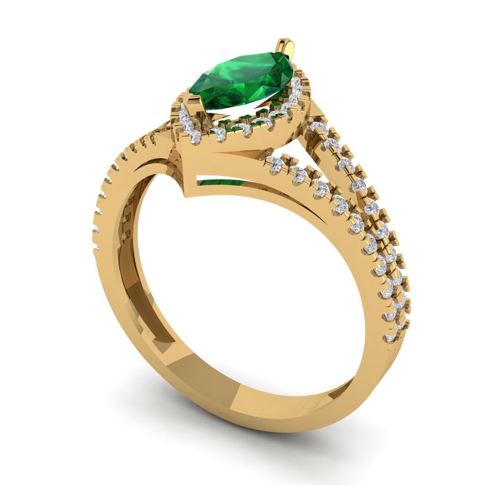 1.2 cttw Simulated Emerald Hidden Halo Engagement Ring - Solid Gold (Marquise Cut,9x4.5mm)
