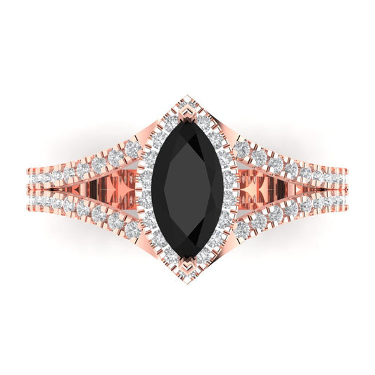 1.2 cttw Natural Onyx Hidden Halo Engagement Ring - Solid Rose Gold (VVS1, Marquise Cut,9x4.5mm)