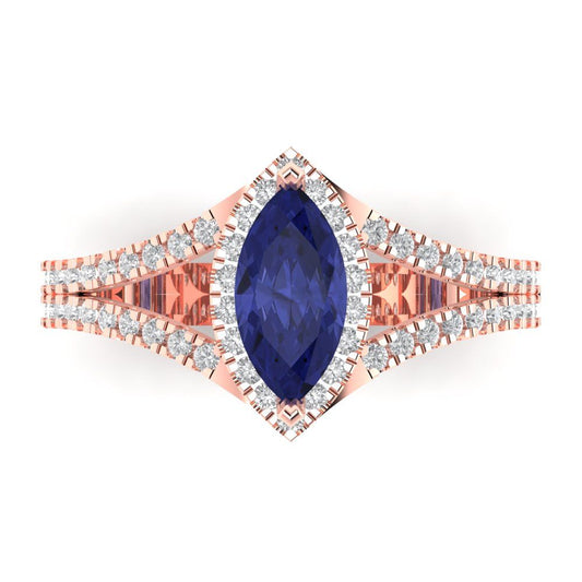1.2 cttw Simulated Tanzanite Hidden Halo Engagement Ring - Solid Rose Gold (VVS1, Marquise Cut,9x4.5mm)