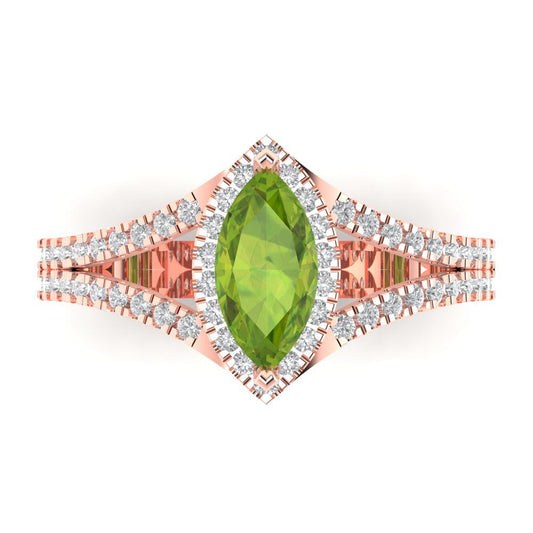 1.2 cttw Natural Peridot Hidden Halo Engagement Ring - Solid Rose Gold (VVS1, Marquise Cut,9x4.5mm)