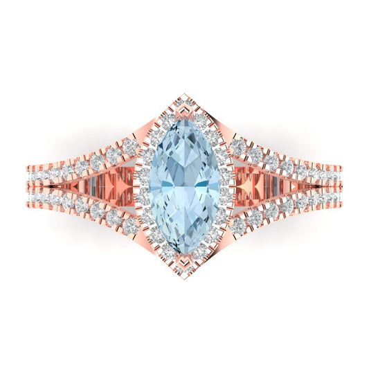 1.2 cttw Natural Aquamarine Hidden Halo Engagement Ring - Solid Rose Gold (VVS1, Marquise Cut,9x4.5mm)